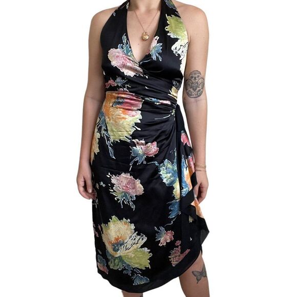 Kay Unger Womens 100% Silk Floral Halter Cocktail Party Mini Dress Sz M - Picture 1 of 11